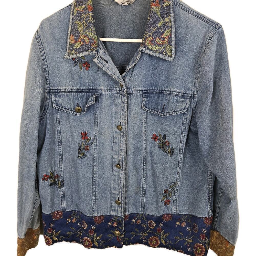 Vintage Stonebridge Denim Jacket Embroidered Floral LARGE Boho Hippie Tapestry